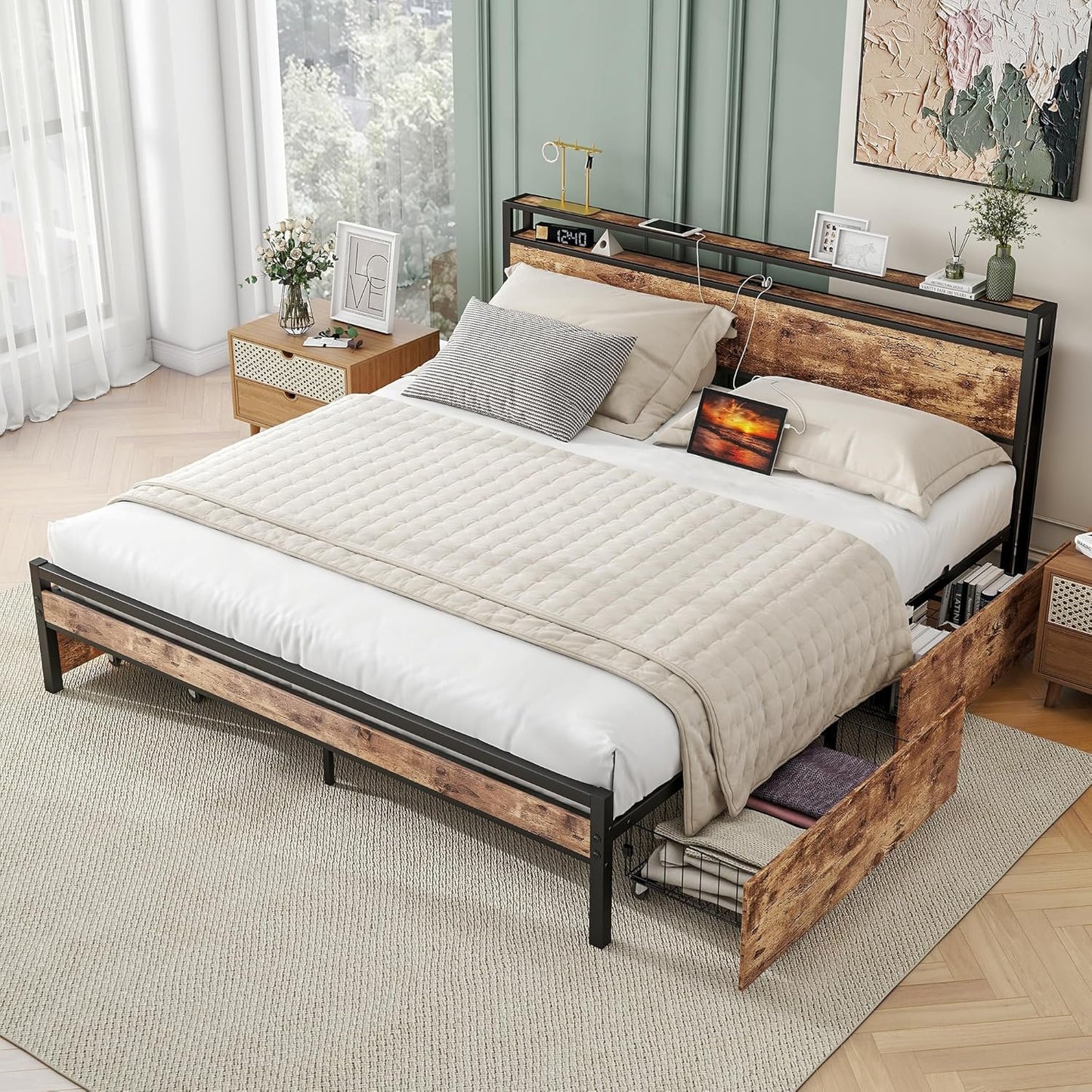 BOFENG Black King Size Bed Frame with 2-Tier Storage Headboard and Power Outlets,Charging Station,Platform Bed Frame King Size with 4 Storage Drawers,No Box Spring Needed,Sturdy and Noise Free,Brown