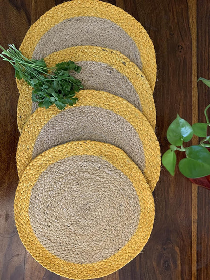 Nature4u 100% Jute Hand Braided Placemat Set of 6 Rustic Vintage Farmhouse Table top & Dining Table Round Placemat for Parties (14” Diameter, Natural /Ochre) Set of 6