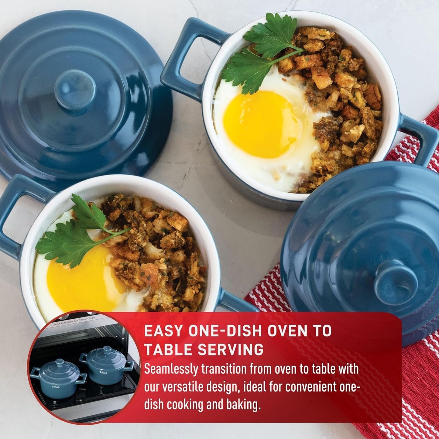 T-Fal Ceramic 2 Pc Mini-Cocotte set with lids, uniform heat-distribution, oven, microwave, freezer and dishwasher safe, blue