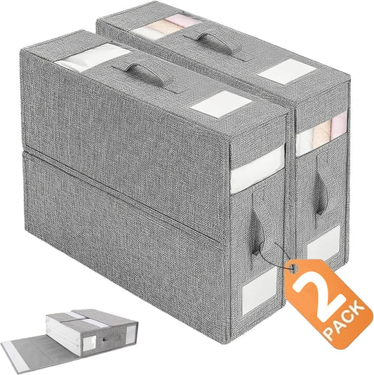 Bed Sheet Organizer, 2 Piece Foldable Bedding Sheet Organizer, Sheet Closet (King and Queen Size Sheets) ，with Two Windows + Two Handles for Sheets, Wardrobe, Home Storage and Organization (Gray)