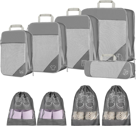 Compression Packing Cubes Set of 9 Ultra Light Expandable Travel Organizer for Hand Luggage Storage Cubes Waterproof Travel Cubes for Suitcases (Grey)