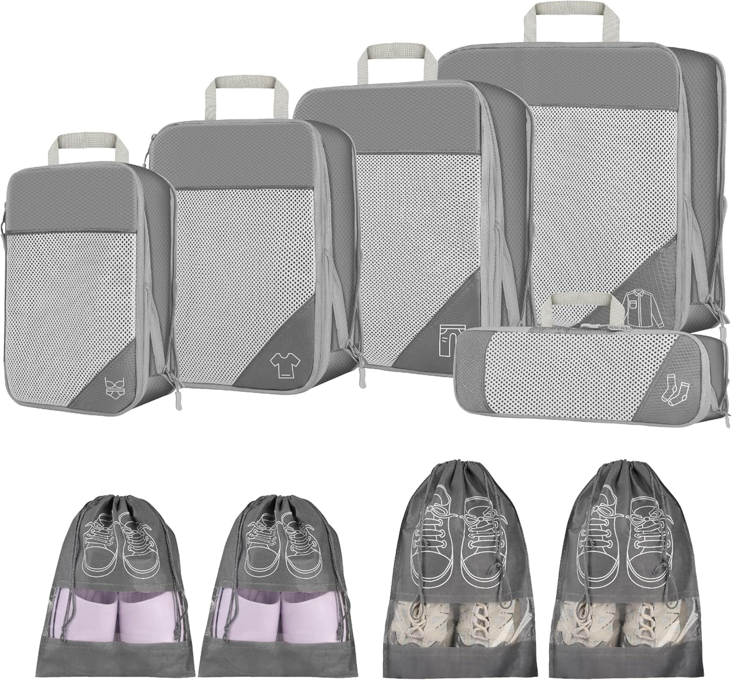 9pcs Compression Packing Cubes Set, Ultralight Expandable Travel Organizers for Carry on Luggage,Waterproof Cubes,Travel Packing Cubes for Suitcases (Grey)