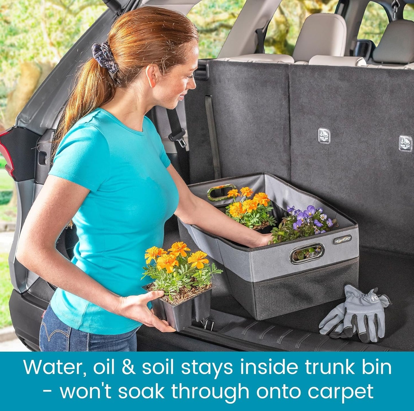 High Road CargoCube Car Storage Bin - Leakproof Car Trunk Storage Organizer with Metal Handles and Front Mesh Pocket, 12x24 Inches - Single pack