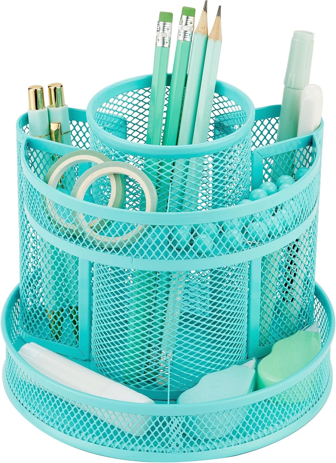 Annova Mesh Desk Organizer Rotate with 6 Compartments Round Spinning Tidy Candy/Pen Holder Desk Accessories Office, Art Supply, Storage, Classroom, Home (Turquoise)