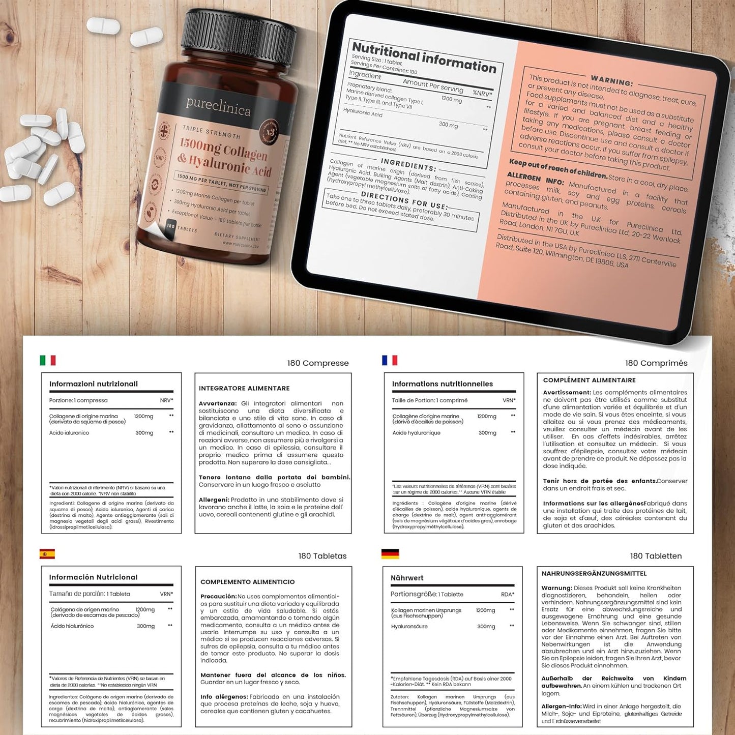 1500mg UltraColl Collagen (1200mg) & Hyaluronic Acid (300mg) x 1080 Tablets (6 Bottles of 180)