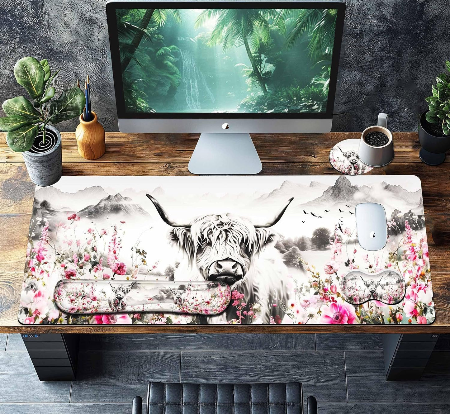 HaoSiTeck 4-Piece Extended Large Mouse Pad Set for Women Men with Highland Cow Design Includes 35.4 x 15.7 XXL Large Mouse Pad Keyboard Wrist Rest Mouse Wrist Support and Coaster for Office Home