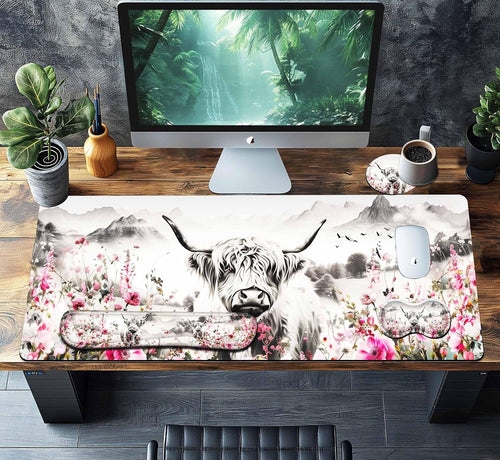 HaoSiTeck 4-Piece Extended Large Mouse Pad Set for Women Men with Highland Cow Design Includes 35.4 x 15.7 XXL Large Mouse Pad Keyboard Wrist Rest Mouse Wrist Support and Coaster for Office Home