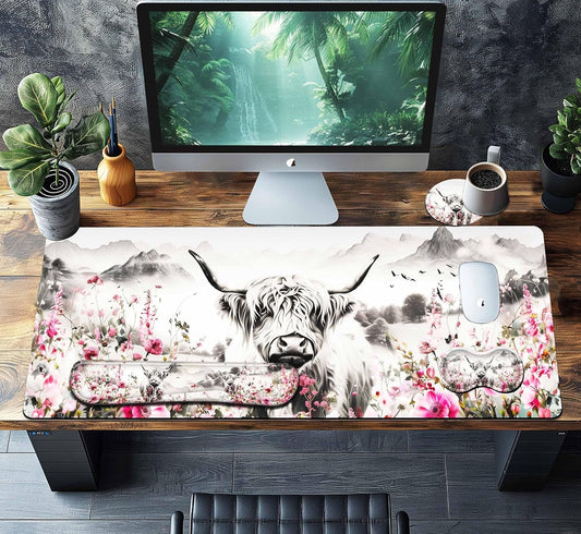 HaoSiTeck 4-Piece Extended Large Mouse Pad Set for Women Men with Highland Cow Design Includes 35.4 x 15.7 XXL Large Mouse Pad Keyboard Wrist Rest Mouse Wrist Support and Coaster for Office Home