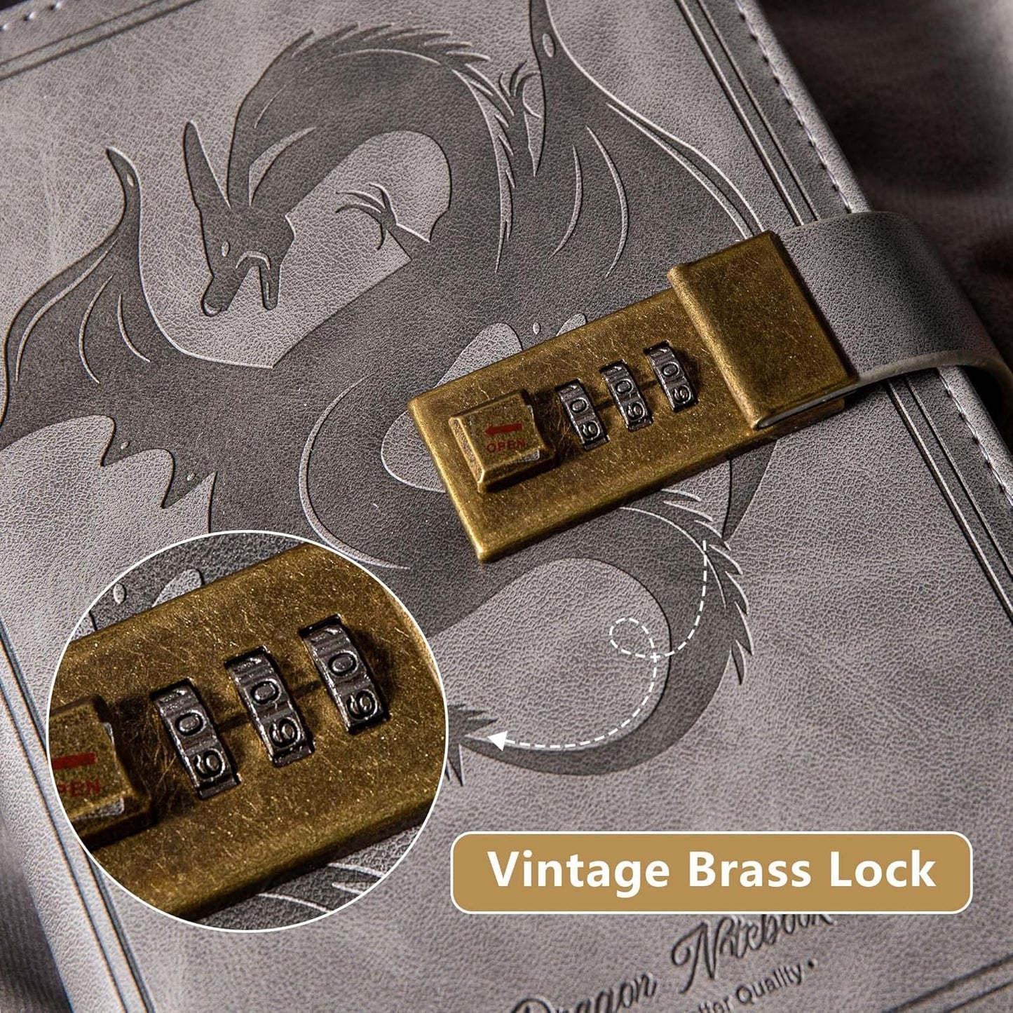Dragon Leather Journal Notebook, Diary with Combination Lock, Lined/Blank Paper Notebook, B6 Writing Journals Stationery (Grey)