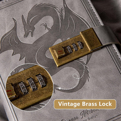 Dragon Leather Journal Notebook, Diary with Combination Lock, Lined/Blank Paper Notebook, B6 Writing Journals Stationery (Grey)