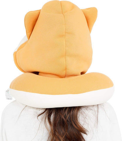 SAZAC Animal Neck Support Pillow - Soft, Cozy Travel Cushion with Adjustable Toggle - Attached Hood for Warmth and Privacy - Authentic Japanese Kawaii Design - Premium Quality (Shiba Inu Dog)