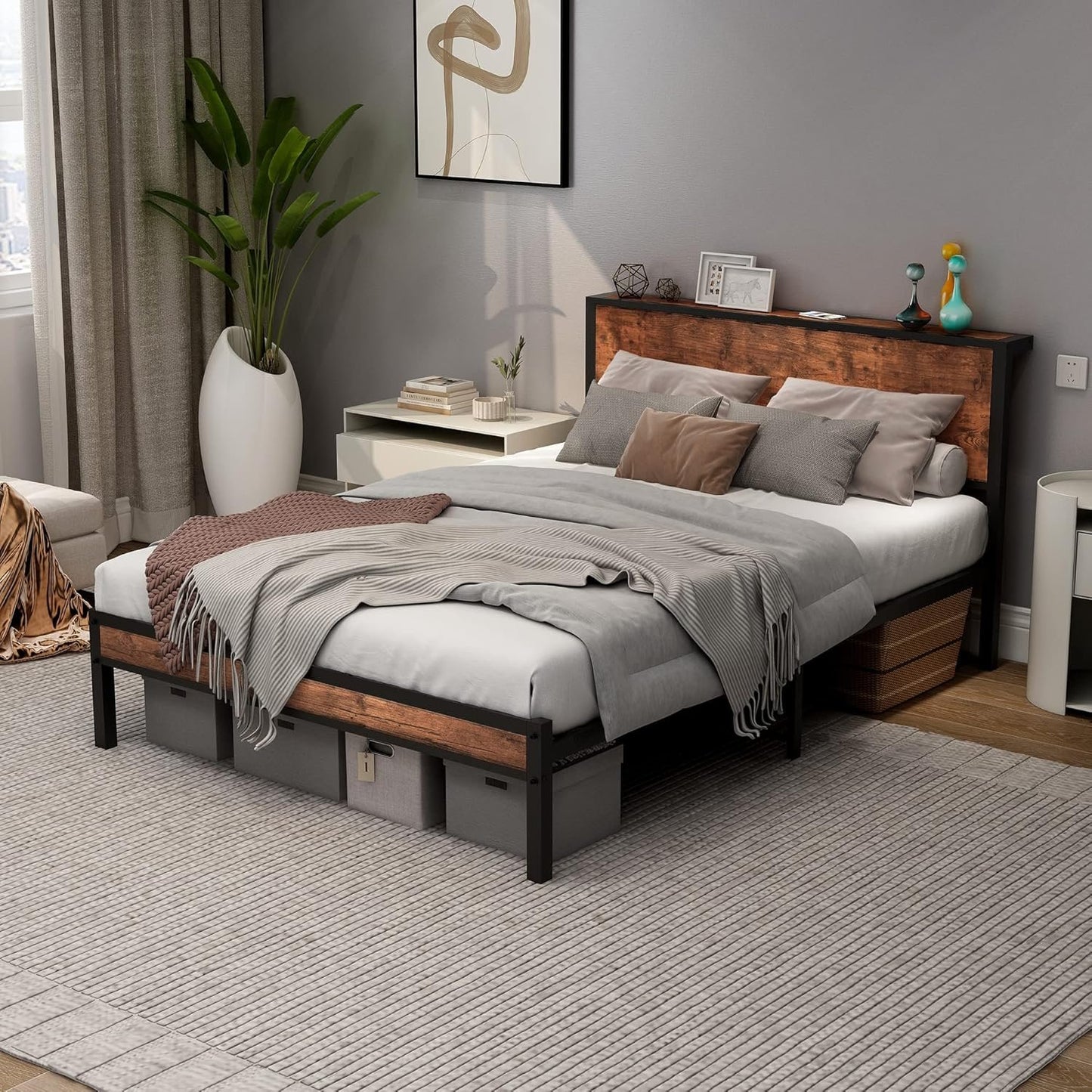 DUMEE Full Bed Frame with Wood Storage Headboard, Metal Platform Bed Frame Full, No Box Spring Needed, Noise Free, Reinforced Strong Support Leg, Textured Black&Brown Oak