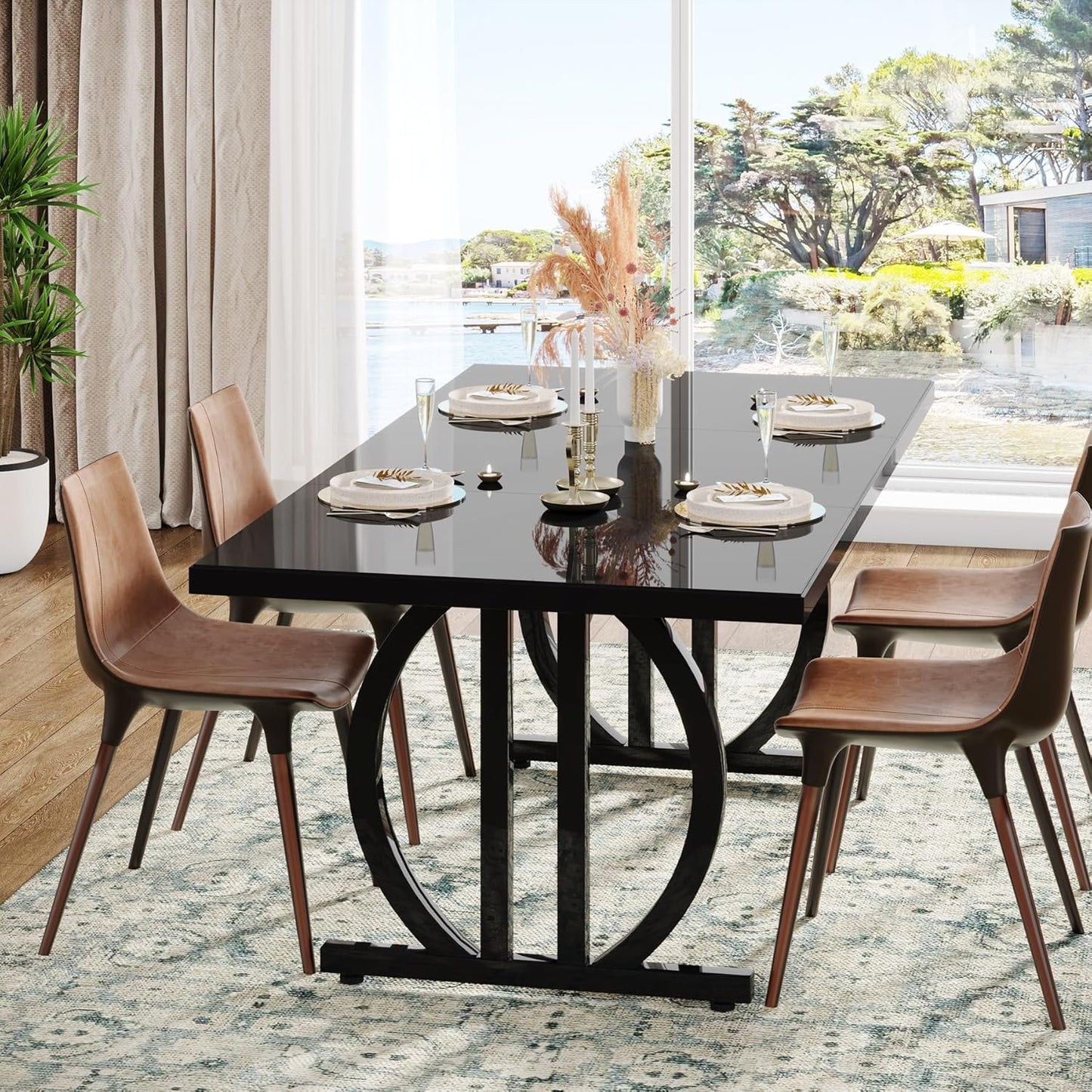 Tribesigns Black Dining Table for 4-6 Person 150cm Rectangular Kitchen Table with Durable Metal Frame, Modern Industrial Kitchen and Dining Room Furniture