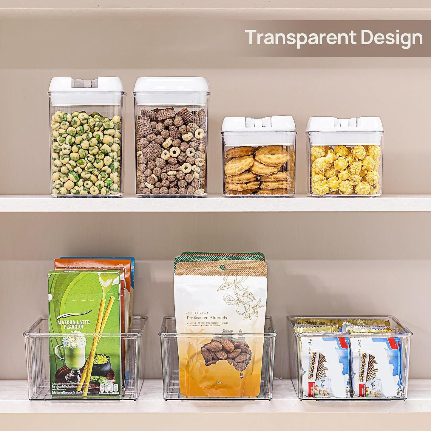 Vtopmart 4 Pack Food Storage Organizer Bins, Clear Plastic Bins for Pantry, Kitchen, Fridge, Cabinet Organization and Storage, 4 Compartment Holder for Packets, Tea, Snacks, Pouches, Spice Packets