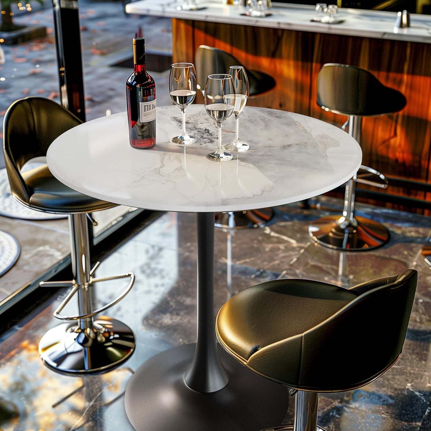Wisfor Marble Round Bar Table: 30" Dia White Patterned Sintered Stone Tabletop 31" Tall Black Leg Bar Cocktail Table Bar Furniture for Home Kitchen,Pub,Coffee Shop,Office, Apartment