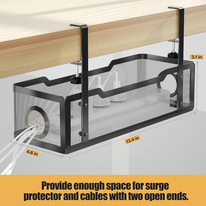 Under Desk Cable Management Tray Black, Cinati Cable Management Under Desk No Drill, Cable Tray with Clamp for Desk Wire Management,Desk Cable Management Box for Office, Home - No Damage to Desk