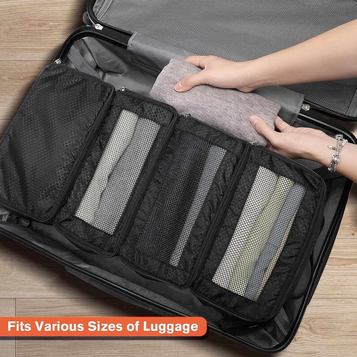 Hanging Suitcase Organizer, Travel Essentials Carry-on Collapsible Packing Cubes for Travel, Stow-N-Go Portable Hanging Closet Organizer Shelves Luggage Bag, Small, Black