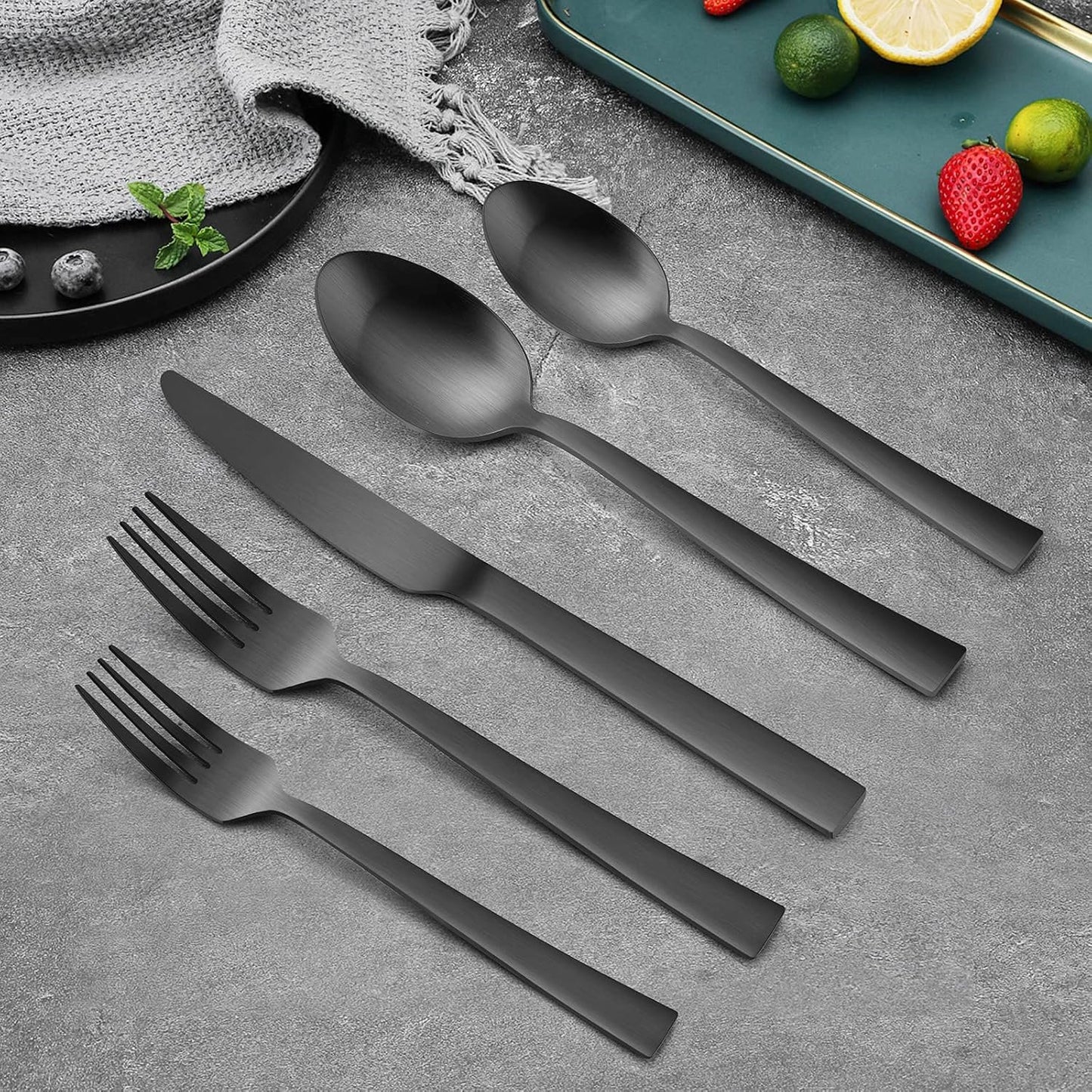 40-Piece Matte Black Silverware Set, E-far Stainless Steel Flatware Set Service for 8, Metal Cutlery Eating Utensils Tableware Includes Forks/Spoons/Knives, Square Edge