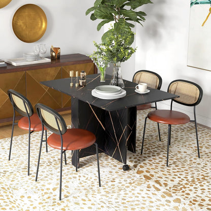 HOMCOM Foldable Dining Table, Drop Leaf Folding Side Table Console Writing Desk with 2 Wheels for Kitchen, Dining Room, Faux Marbled Black