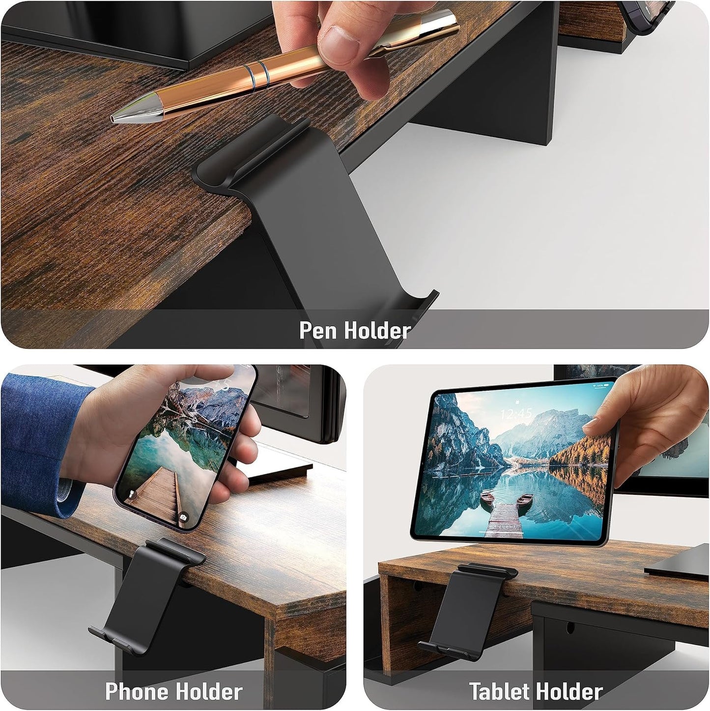 SimpleHouseware Dual Monitor Stand Riser of Adjustable Length and Angle Shelf with Holder and Drawer, Rustic Brown