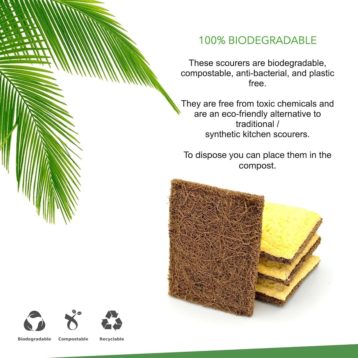 Biodegradable Sponge, Coconut Fiber with Cellulose Eco Sponge, Natural Sponges for Dishes, Sustainable, Environmentally Friendly Kitchen Scouring Pad, Scratch Free, Compostable, 4 Pack