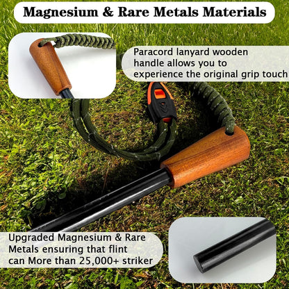 Flint and Steel Lightweight Ferro Rod Fire Starter Survival Tool Lanyard Handle Flint Fire Starter Kit with Multi-Tool Ferro Rod Striker, Survival Whistle, Fire Starter Rope, and Carabiner for Camping