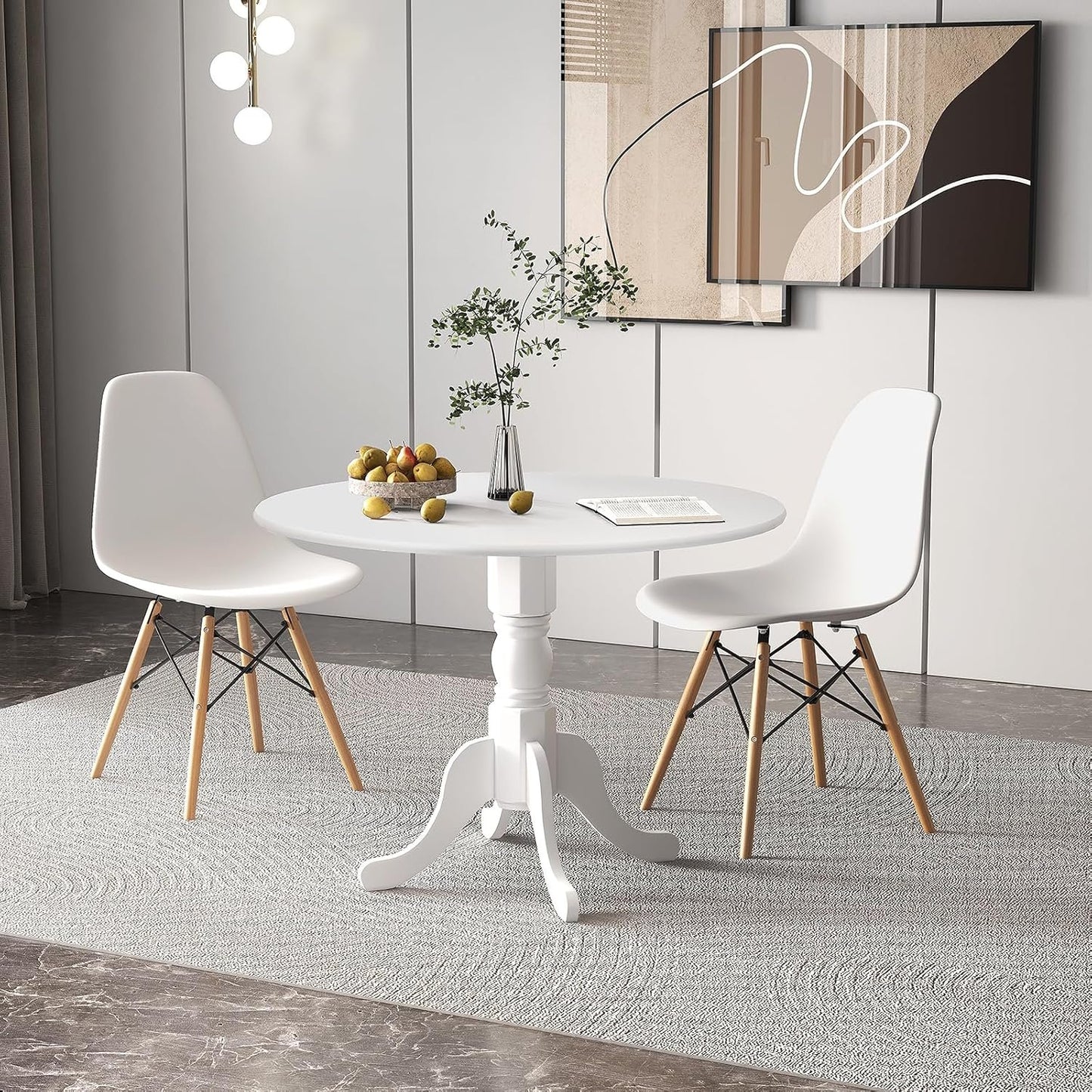 SILKYDRY 39-inch Round Dining Table, Mid Century Modern Kitchen Table with Circle Tabletop & Curved Trestle Legs, Pedestal Dinette for 4, Suitable for Leisure Café Bistro (White)