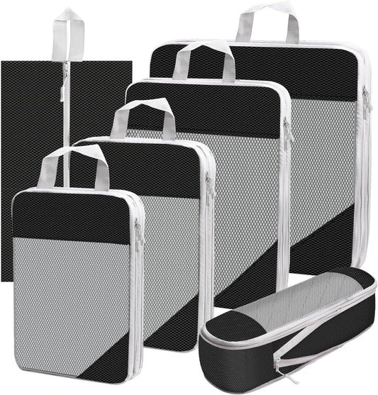 Neween Compression Packing Cubes for Carry On Suitcases, 6 Set Extensible Compression Packing Cubes for Travel Compression Bags for Packing Organisers Expandable Travel Suitcase Accessories (Black)