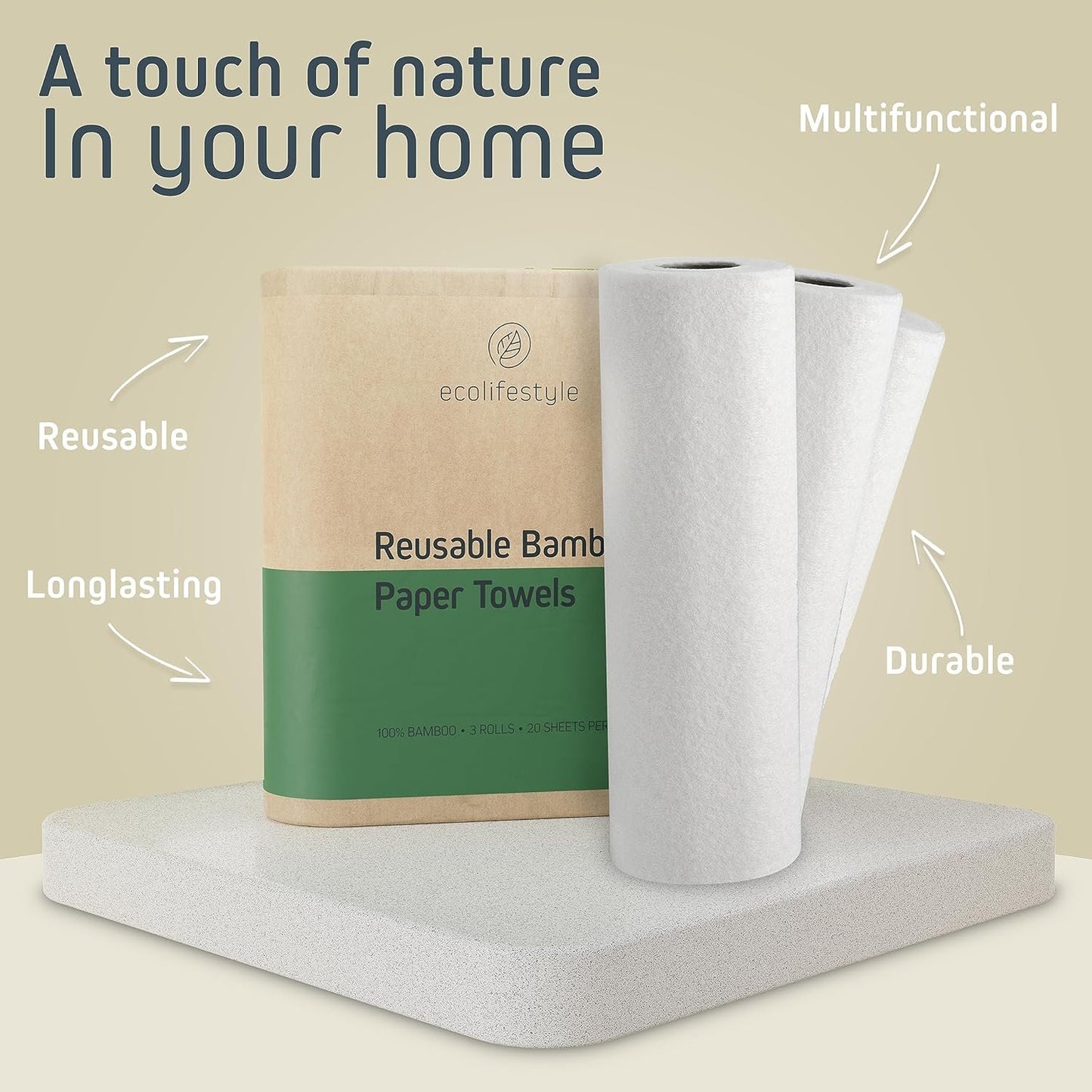 Ecolifestyle Reusable Paper Towels Washable – 3 Rolls, 20 Sheets (11"x11") | Made of Bamboo, Super Absorbent, Machine Washable, Eco-Friendly Alternative to Paper Towels | Perfect for Kitchen & Beyond