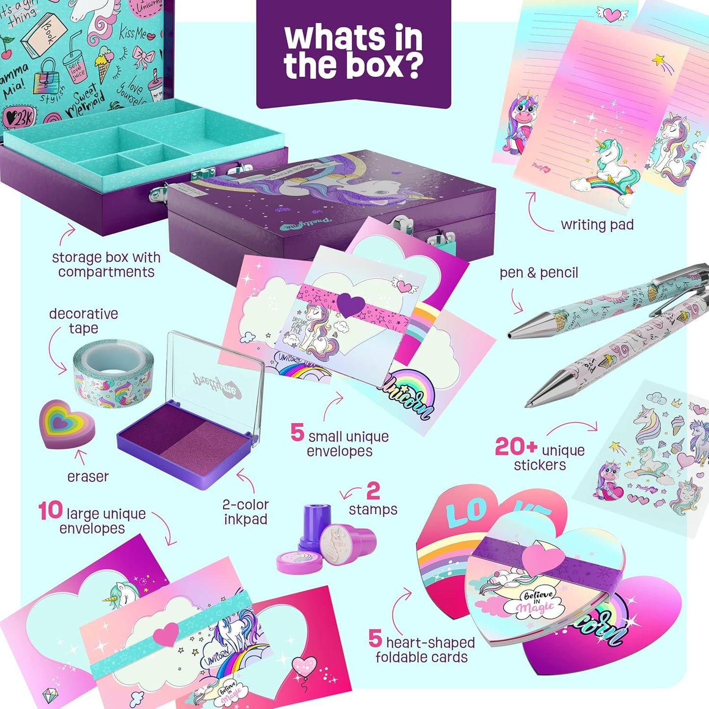 Unicorn Stationery Set for Kids - Unicorn Gifts for Girls Ages 6, 7, 8, 9, 10-12 Year Old - Stationary Letter Writing Kit - Best Girl Birthday Gift - Preteen Craft Toys, Christmas Presents