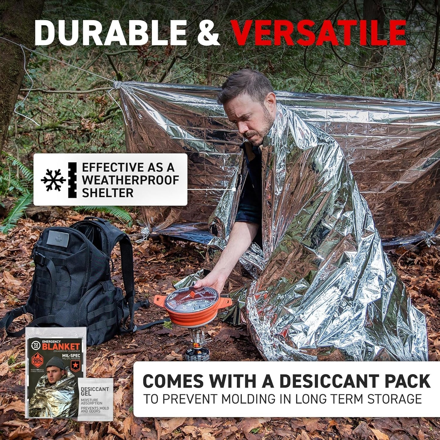 72 HRS MIL-SPEC Emergency Space Blankets Mylar Survival or Emergency Thermal Blankets for Camping, Hiking, Marathon, First Aid, Emergency Preparedness, Extreme Weather, Shelter (4-Pack)