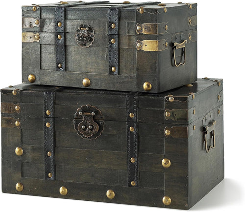 SLPR Alexander Wooden Trunk Chest with Straps (Set of 2, Rustic Brown) | Decorative Treasure Box