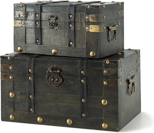 SLPR Alexander Wooden Boxes with Hinged Lids - Set of 2, Decorative Trunks for Storage and Home Decor, Antique Wood Treasure Chests for Keepsakes