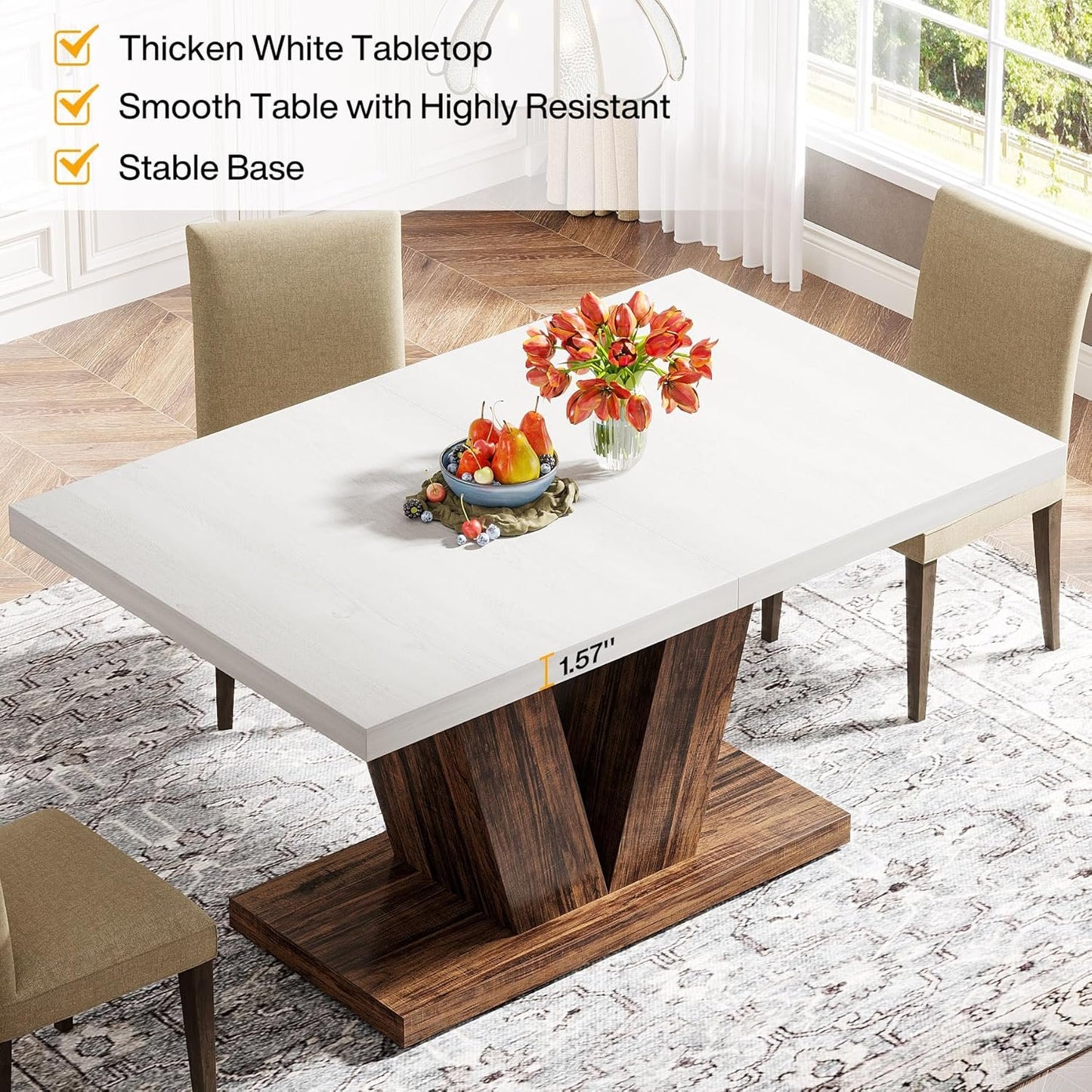 Tribesigns 47-Inch Dining Table for 4, White Kitchen Dinner Table with Heavy Duty Pedestal, Farmhouse Wooden Eating Table for Home, Dining Room, Small Space