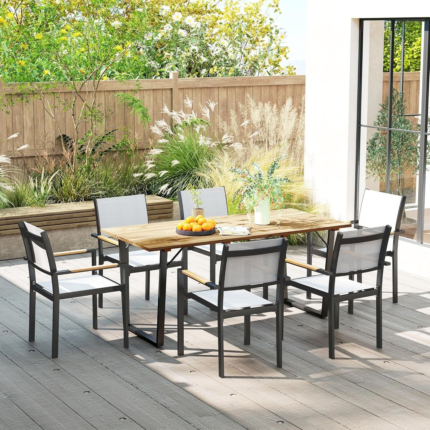 Outsunny Wooden Outdoor Dining Table for 6, 69" x 32" Rectangular Patio Table with 2" Umbrella Hole, Slatted Tabletop, Indoor Outdoor Dining Furniture for Yard, Deck, Lawn