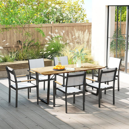 Outsunny Wooden Outdoor Dining Table for 6, 69" x 32" Rectangular Patio Table with 2" Umbrella Hole, Slatted Tabletop, Indoor Outdoor Dining Furniture for Yard, Deck, Lawn