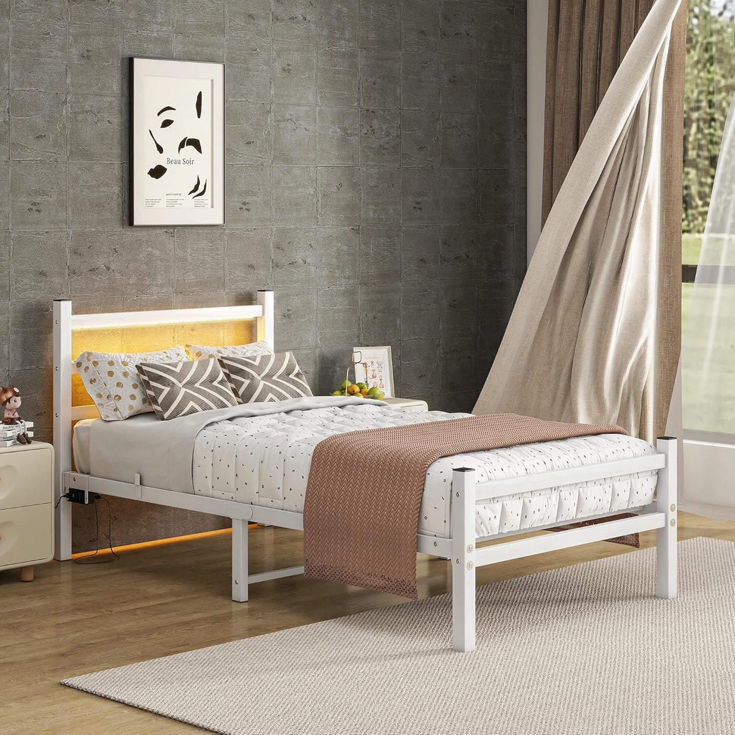 Maliacife Twin Bed Frame with Charging Station,Metal Bed with LED Lights Headboard,Heavy Duty Steel Slats Support Single Bed Frame,No Box Spring Needed,Noise Free, White
