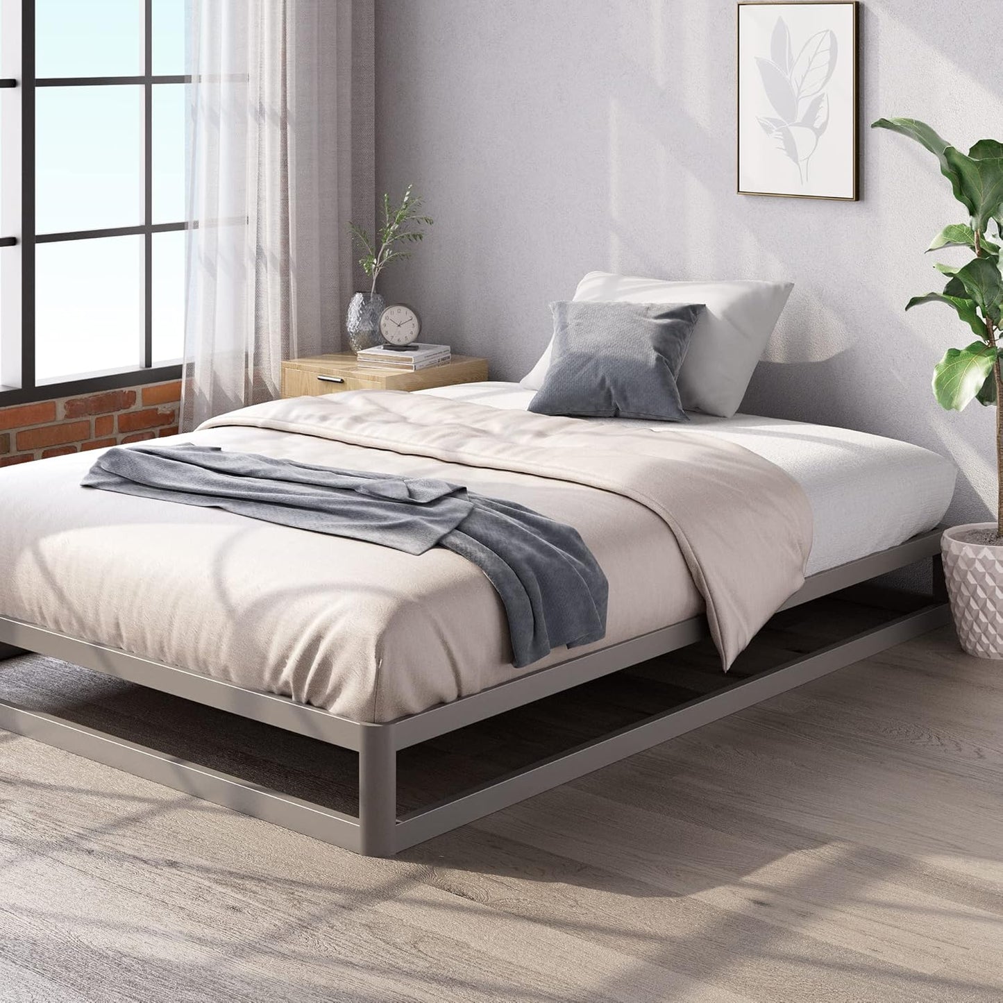 Zinus Metal Queen Bed Frame 22cm Grey Gunmetal Bedframe Base, 5Yrs Warranty, Steel Slat Mattress Support, Bedroom Furniture