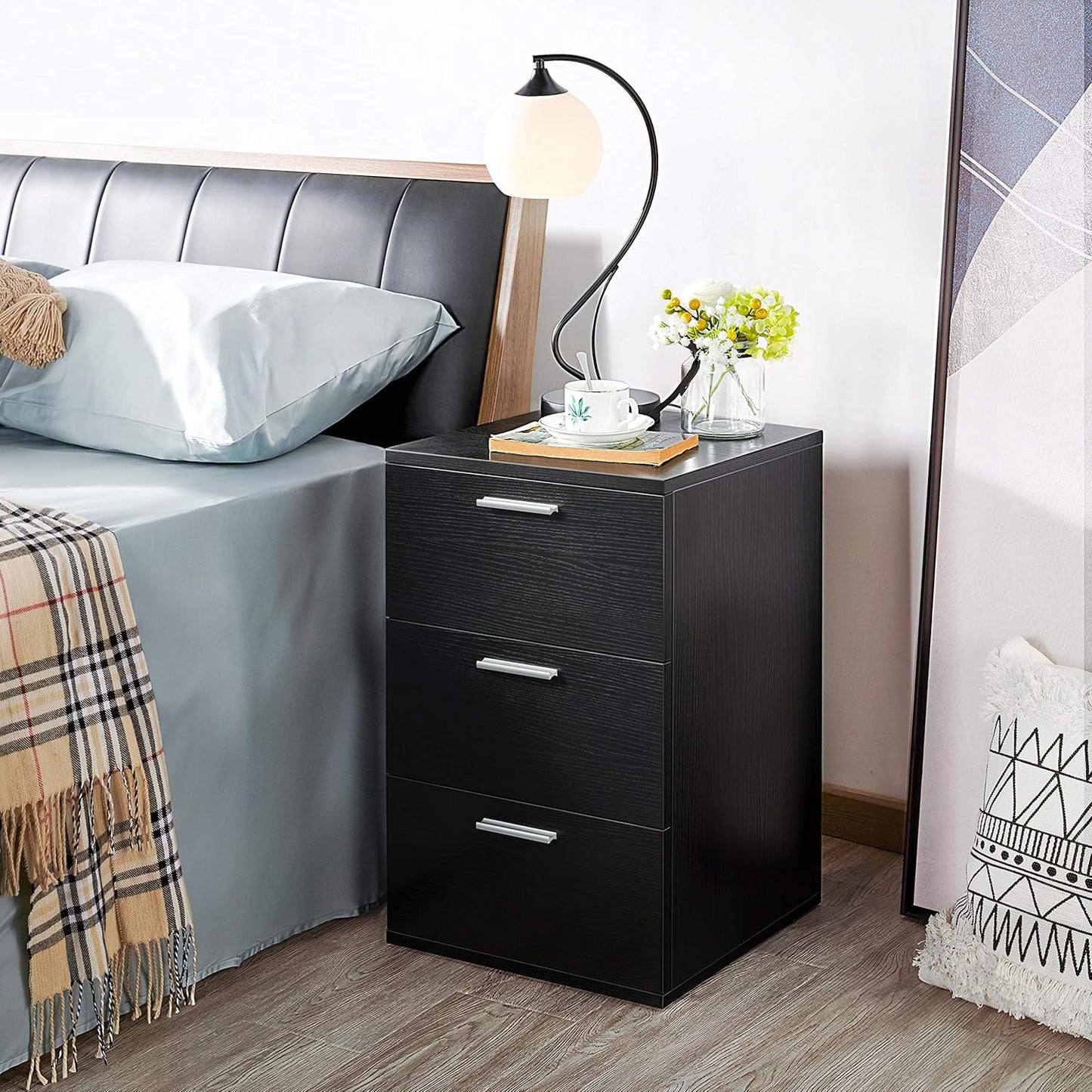 Yaheetech Bedside Table Bedside Modern Bedside Table with 3 Drawers Bedroom Furniture Black Coffee Table Living Room Drawer 40 x 35 x 60 cm