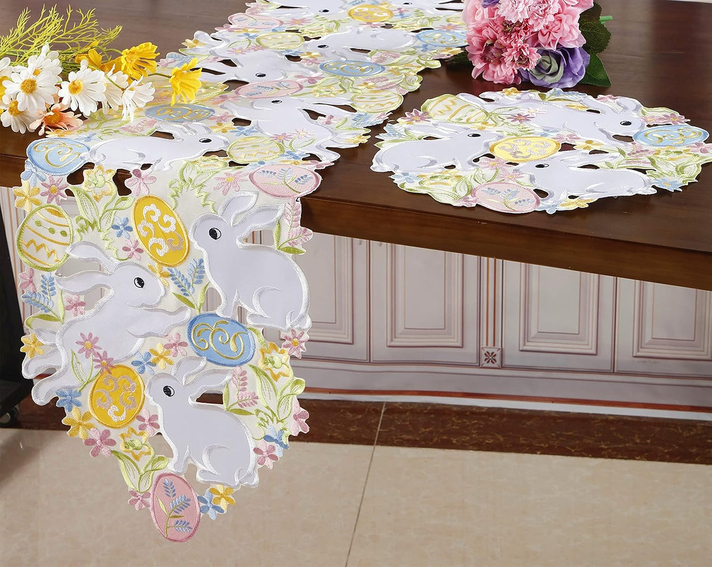 Easter Table Runner Spring Bunnys Flowery Table Runner Cutwork Embroidered Floral and Bunnys Dresser Scarf Table Topper Home Kitchen Dining Tabletop Decoration (Runner 13"×54", Bunny)