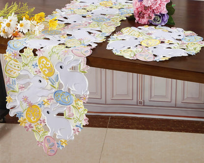 Easter Table Runner Spring Bunnys Flowery Table Runner Cutwork Embroidered Floral and Bunnys Dresser Scarf Table Topper Home Kitchen Dining Tabletop Decoration (Runner 13"×54", Bunny)
