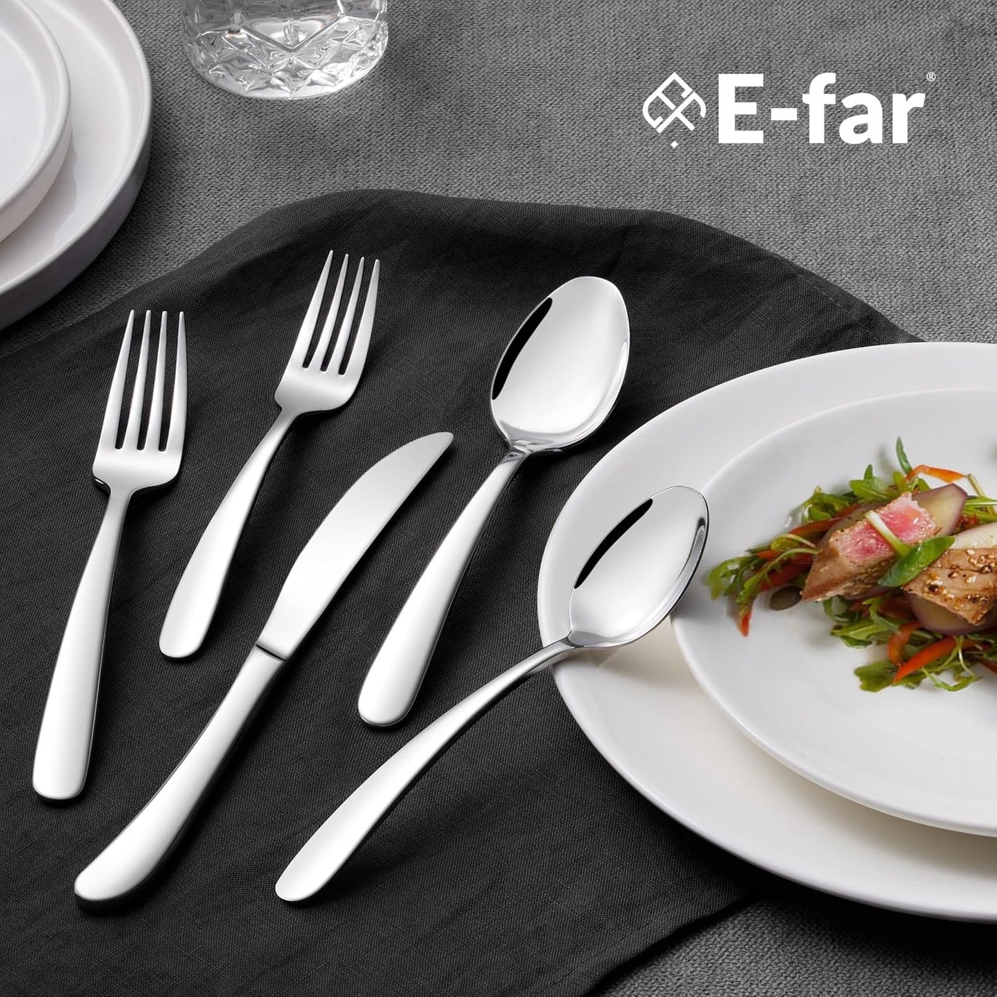 E-far Heavy Duty Silverware Set for 8, 40-Piece Stainless Steel Flatware Cutlery Set, Heavy Weight Metal Eating Utensils Sets for Home Restaurant Weddings, Mirror Polished & Dishwasher Safe