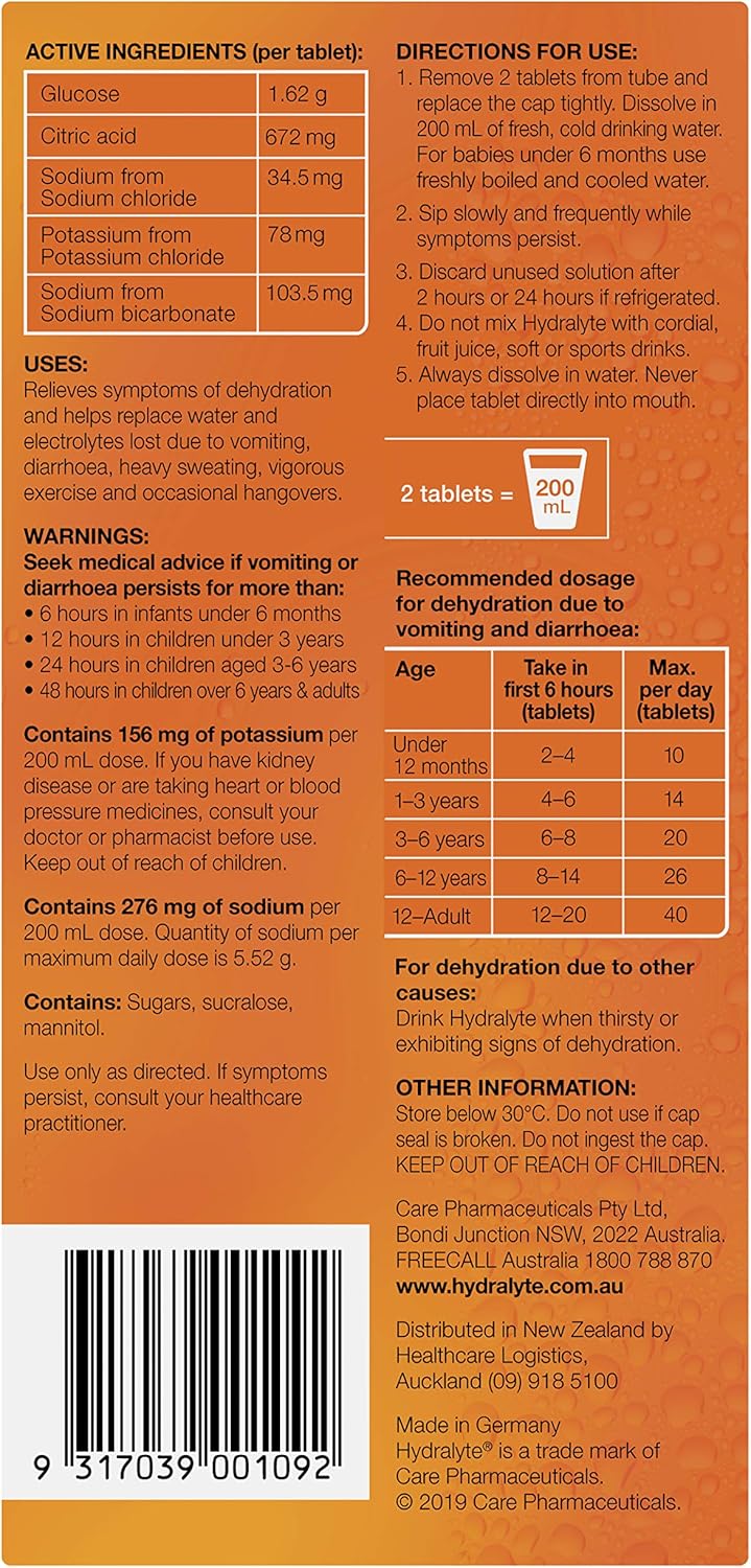 Hydralyte Effervescent Electrolyte Tablets Orange Flavoured 40 Tablets