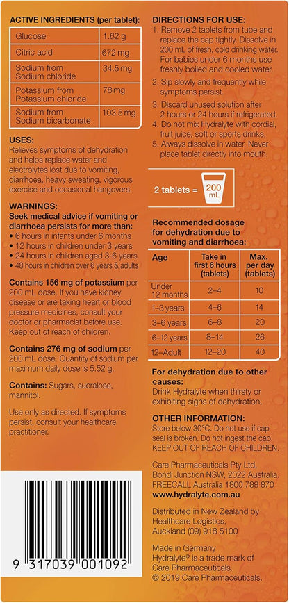Hydralyte Effervescent Electrolyte Tablets Orange Flavoured 40 Tablets