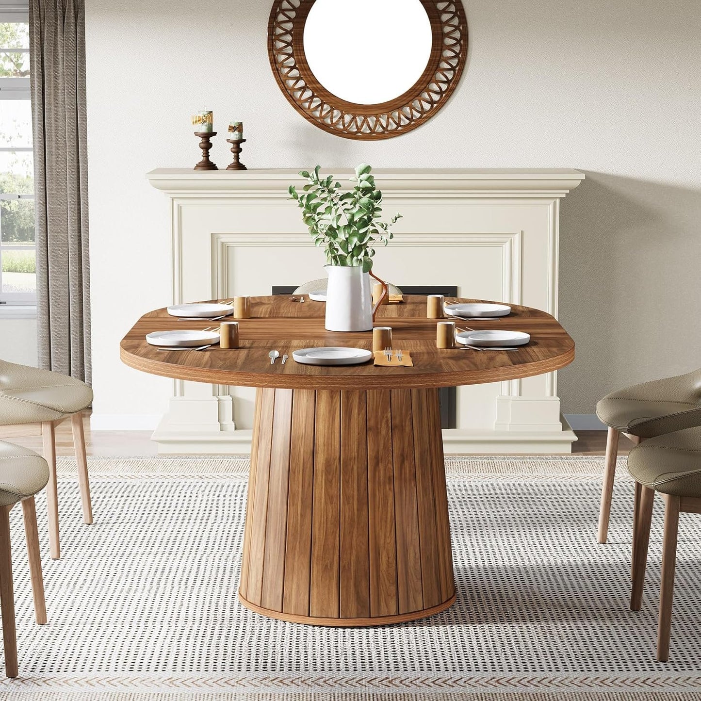 Tribesigns Oval Dining Table for 6 People, 55.11-Inch Farmhouse Kitchen Dinner Table with Cylindrical Pedestal (Brown)