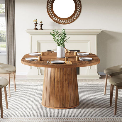 Tribesigns Oval Dining Table for 6 People, 55.11-Inch Farmhouse Kitchen Dinner Table with Cylindrical Pedestal (Brown)