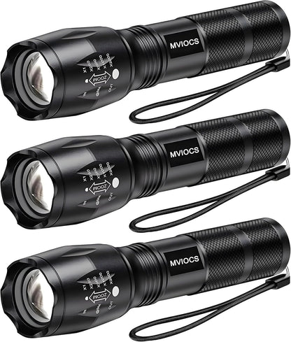 MVIOCS LED Flashlights 3 Pack, Tactical Flashlights High Lumens with 5 Modes, Mini Flashlights, Bright, Zoomable, Waterproof, Powerful for Home & Outdoor Use, Flashlight for Camping, Hiking