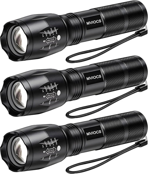 MVIOCS LED Flashlights 3 Pack, Tactical Flashlights High Lumens with 5 Modes, Mini Flashlights, Bright, Zoomable, Waterproof, Powerful for Home & Outdoor Use, Flashlight for Camping, Hiking