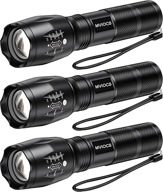 MVIOCS LED Flashlights 3 Pack, Tactical Flashlights High Lumens with 5 Modes, Mini Flashlights, Bright, Zoomable, Waterproof, Powerful for Home & Outdoor Use, Flashlight for Camping, Hiking