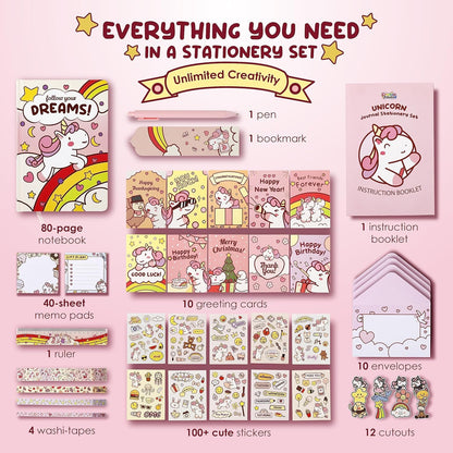 Unicorn Journal Stationary Set, Unicorns Gifts For Girls Age 5 6 7 8 9 10 12 Year Old, Big Cute Stationery Writing Pink Sticker Art, Kid Diary Notebook Pen Set, DIY Journaling Kit, Kawaii Toys